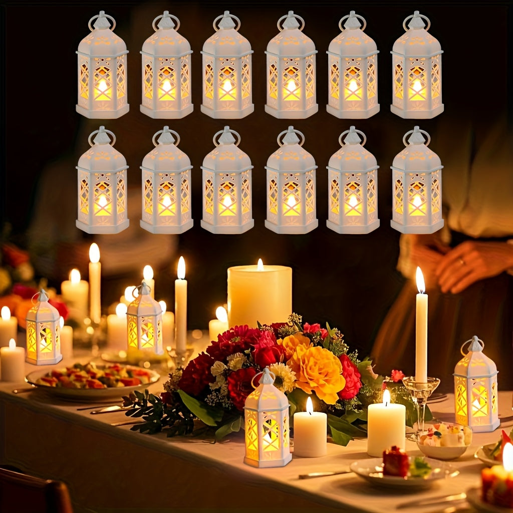 LED Lanterns Set of 12, Moroccan Style Decorative Candle Lanterns with Hanging Rings for Wedding Table Centerpieces, Christmas and Halloween Decor