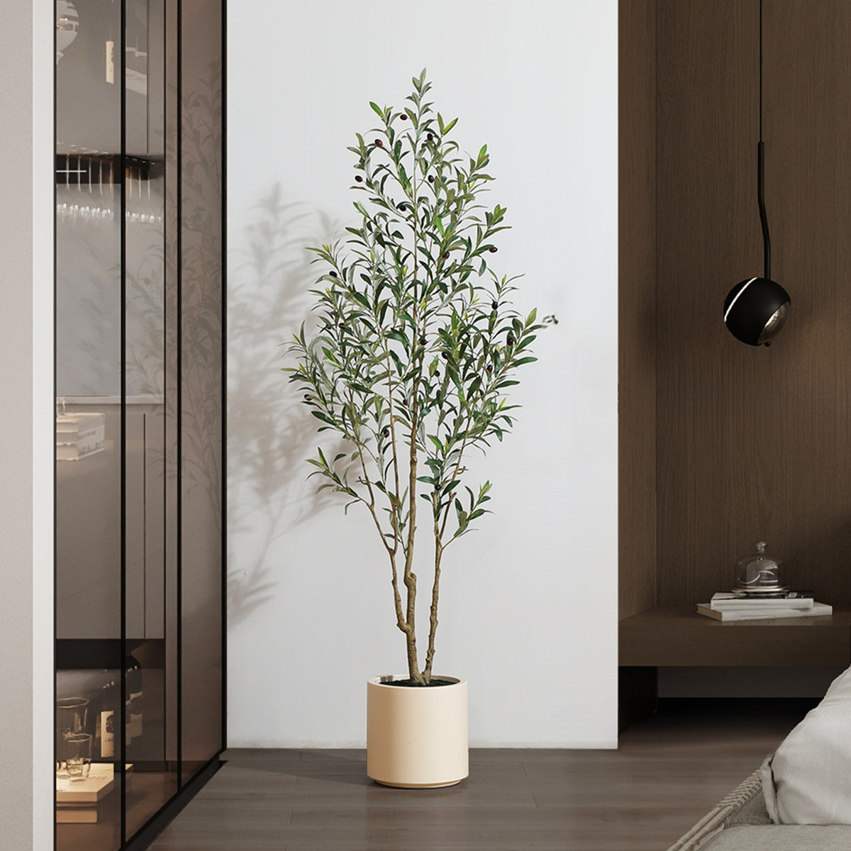 Large Artificial Olive Tree with Multi-Trunk, Realistic Silk-like Leaves & Fruits in Beige Planter - Indoor/Outdoor Fake Olive Tree for, Office, Mediterranean Decor - Low-Maintenance Plant with Container (No Watering/Easy Setup)