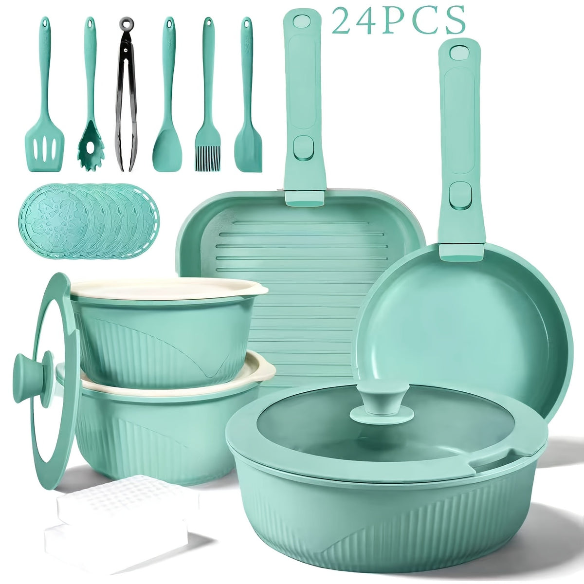 24pcs/7pcs/5pcs Cookware Set Non-Stick Pots & Pans Induction-Ready Kitchen Cookware Set Includes Skillet/Frying Pan/Soup Pot/Steak Pan Removable Handles Home & RV Kitchen Set Stackable Kitchen Accessories Easy To Clean Multiple Colors