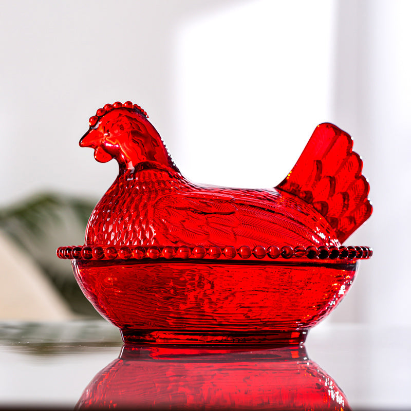 Glass Hen Candy Dish with Lid, Chicken Shaped Storage Jar in Orange, Colorful, Amber or Clear Options for Wrapped Treats, Jewelry and Table Decor