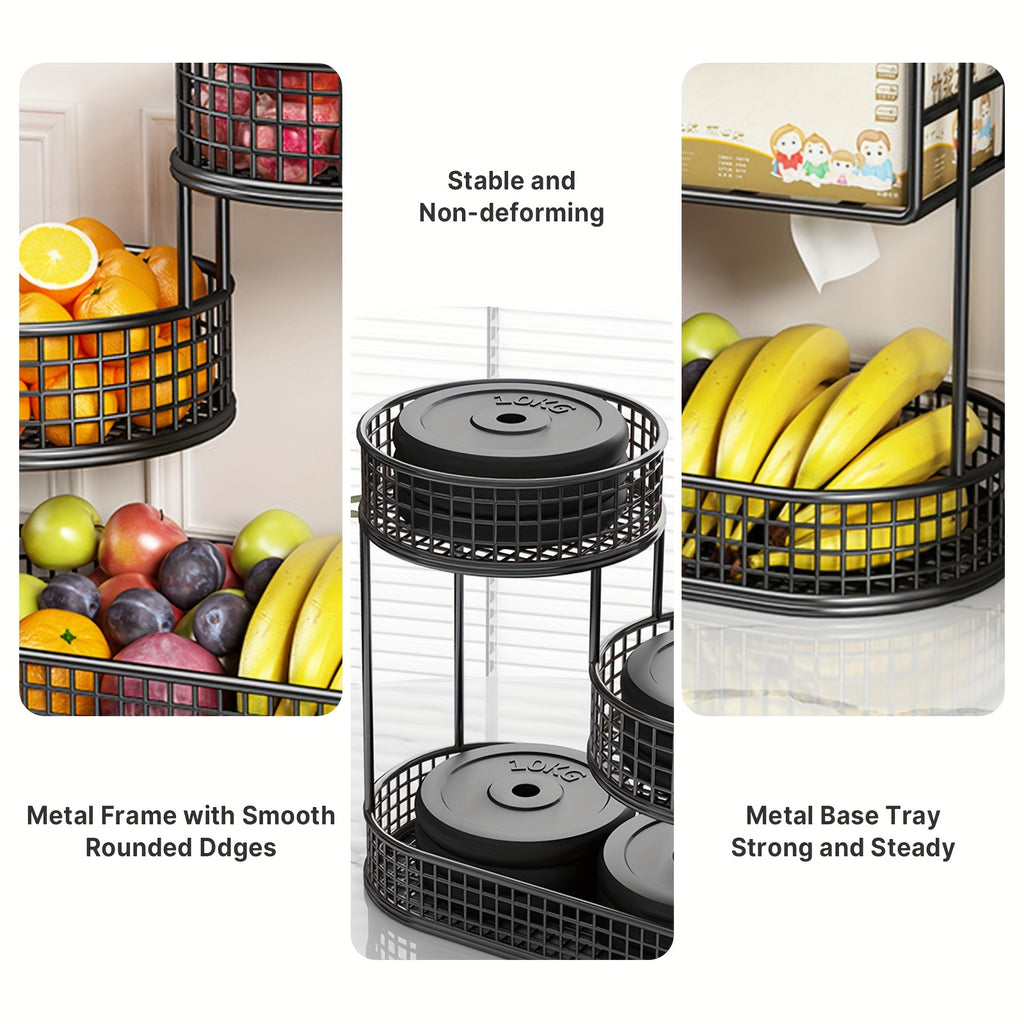Large Capacity 3-Tier Black Metal Fruit Basket, Efficient Kitchen Organization, Perfect for Fruits, Vegetables, Bread, Snacks