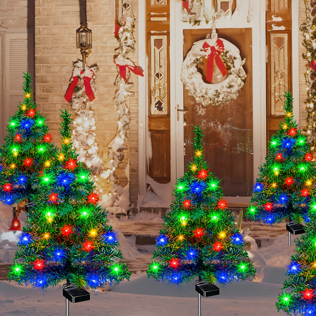 Solar Christmas Tree Path Lights, 4-Pack Green Tree-Shaped Garden Decorations with Solar Panels and Ground Stakes for Front Yard and Walkway Holiday Decor