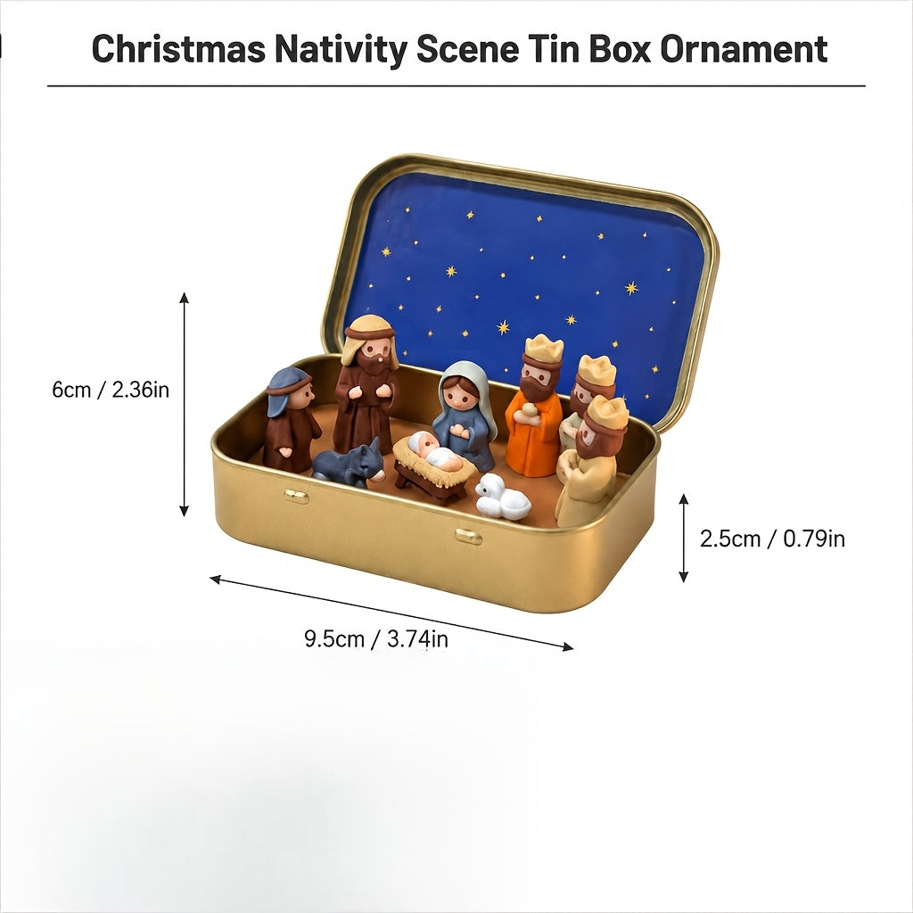 Handmade Miniature Christmas Nativity Set In Tin Box - Portable Pocket-Sized Manger Scene with Mary,, Jesus, Shepherds Animals Figures - Hand-Paintedfor/Easter Gift