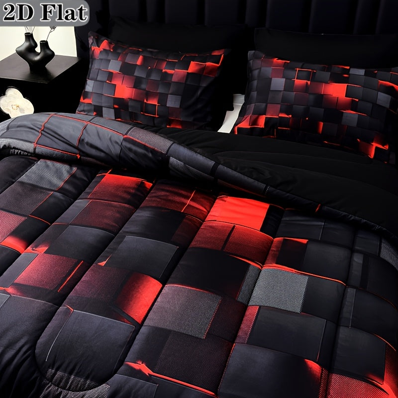 2D Flat Tog 4 3pcs Super Soft Fashion Sense Of Technology Grid Thickening Quilt Set (1 Comforter +2 Pillowcases Without Pillow Core), Contains Padding 180Gsm Quilting Soft Ventilate Digital Printing Bedroom Dormitory At Home Perfect Halloween Gift