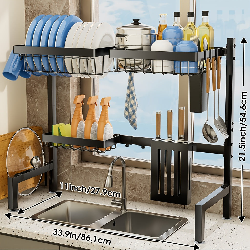 Expandable Multi-Tier Black Kitchen Organizer with Dish Rack, Drainage Tray, Spice Shelf & Towel Holder - Space-Saving Sink Storage for Dishes, Utensils | Durable Black Metal | Dustproof Design, Kitchen Accessories, Kitchen Organizers And Storage