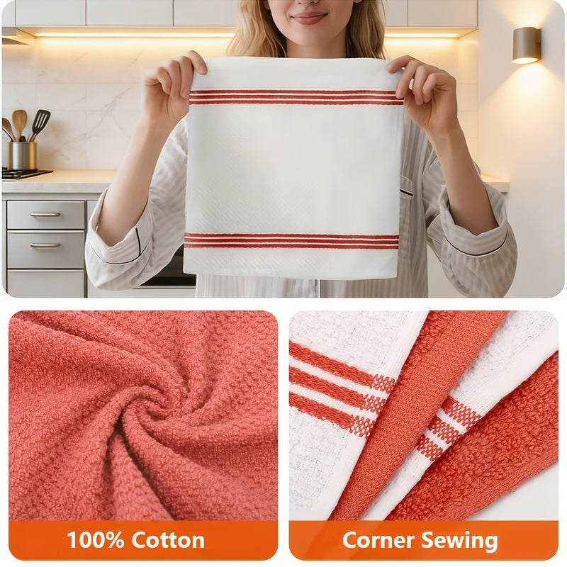 12pcs 100% Cotton Kitchen Towel Set | 6 Hand Towels (15" X 25"), 6 Wash Towels (12" X 12") - Striped Weave, Absorbent & Durable Dish Towels For Cooking, Cleaning & Drying - Perfect For Christmas & Holiday Kitchens