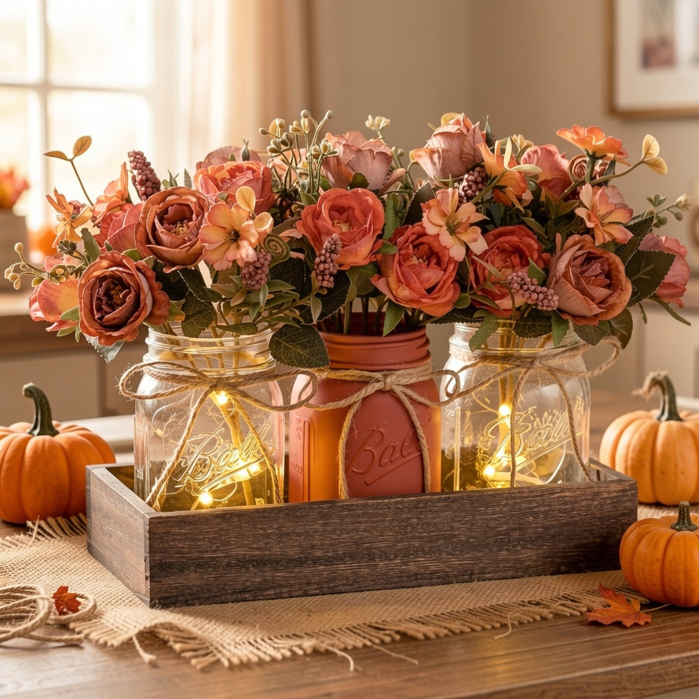 3pcs Mason Jar Centerpiece Table Decorations for Dining Table Decor Farmhouse Coffee Table Decor with Wood Tray and Led Light Table Centerpieces for Dining Room Kitchen Living Bathroom, Pink