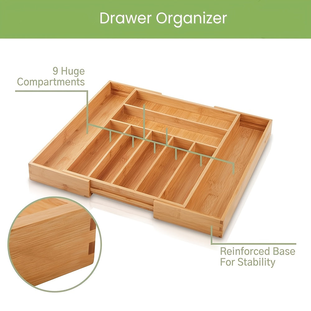 Expandable Bamboo Drawer Organizer - Adjustable Silverware Tray, Cutlery And Utensil Holder for Kitchen Drawer, Multi-Use Storage Tray for Office, Home