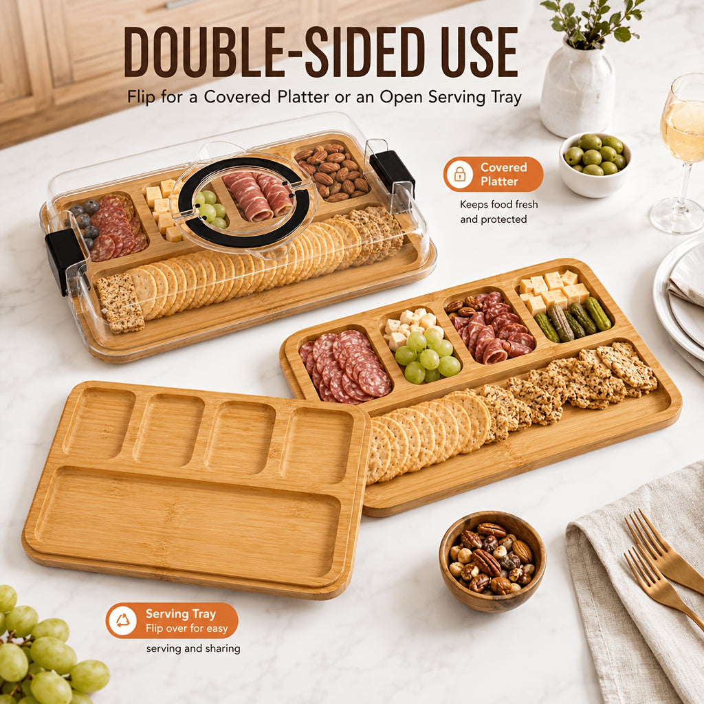 Cutting Board Charcuterie Tray with Clear Lid, 5-Compartment Bamboo Serving Board with Handle And Side Locks, Reusable Snack Platter for Cheese, Fruit, Crackers, Appetizers, Party, Picnic, Kitchen, Holiday Gathering