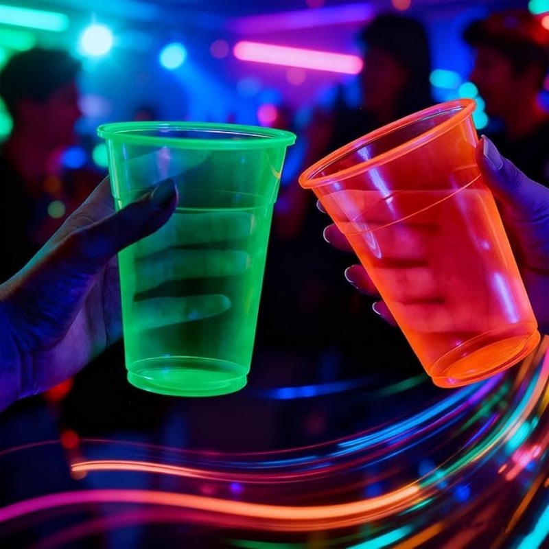 Neon Party Cups, 100-Pack Disposable Plastic Drink Cups in 12 or 16 oz Sizes for Blacklight Glow Parties, Birthdays, Halloween and Holiday Celebrations