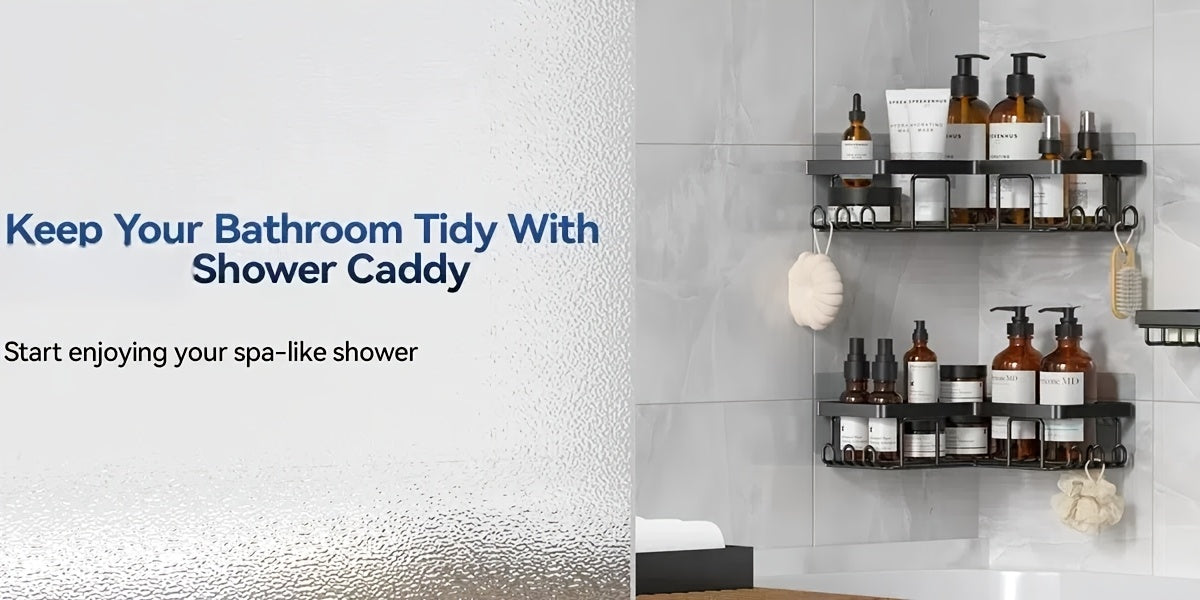 Adhesive Corner Shower Shelves, 3 Pack Stainless Steel Bathroom Caddy Set with Soap Holder and 12 Hooks for No Drill Wall Mounted Storage
