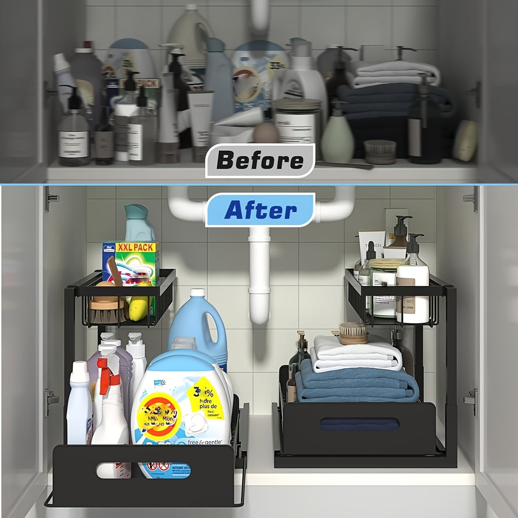 1pc/2pcs Kitchen Racks for Sink Organization And Storage, Double-layer Large-capacity Storage Sink Organization And Storage Racks, Slide-out Cabinet Organization Racks, Kitchen Metal Drawer Storage Racks