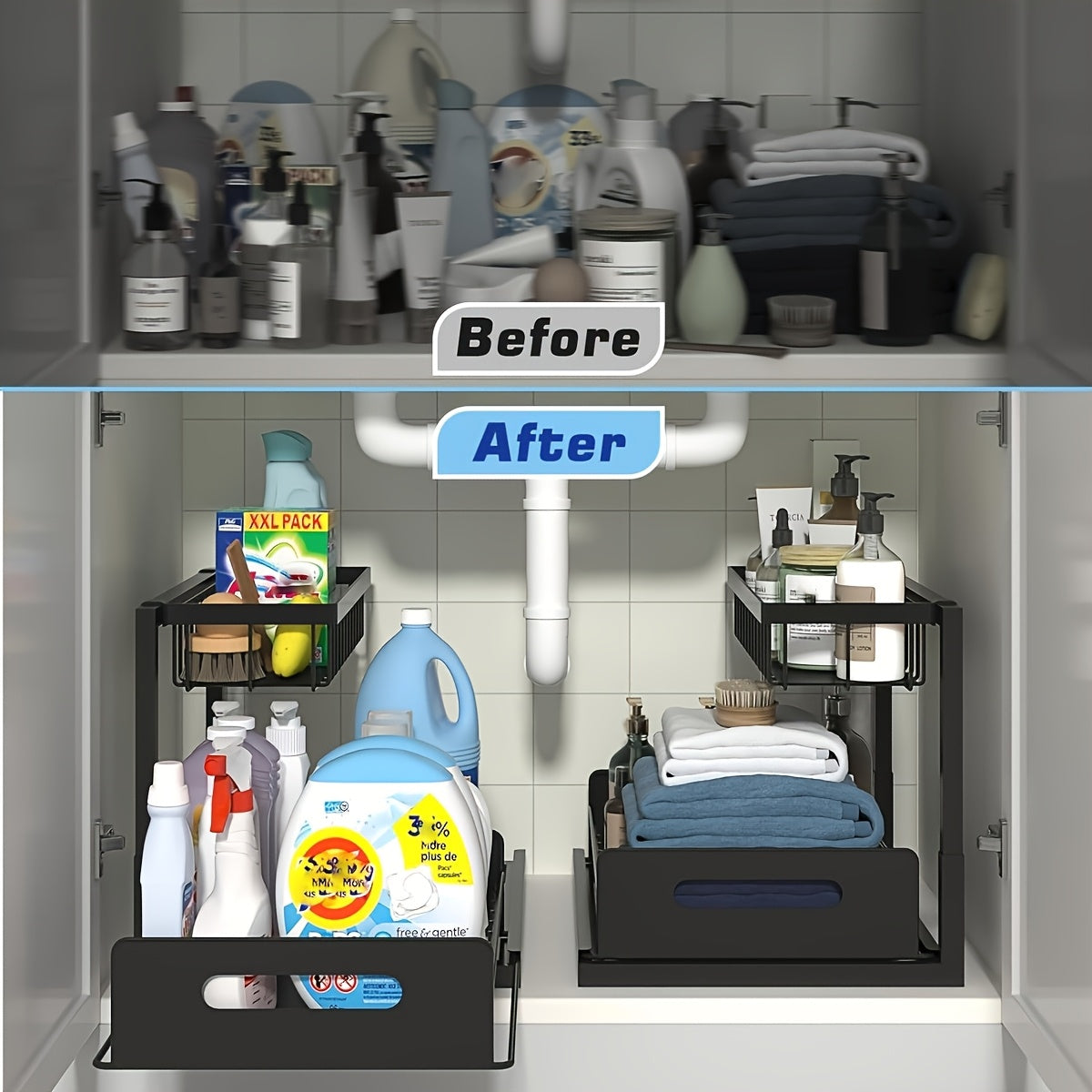 1pc/2pcs Kitchen Racks for Sink Organization And Storage, Double-layer Large-capacity Storage Sink Organization And Storage Racks, Slide-out Cabinet Organization Racks, Kitchen Metal Drawer Storage Racks