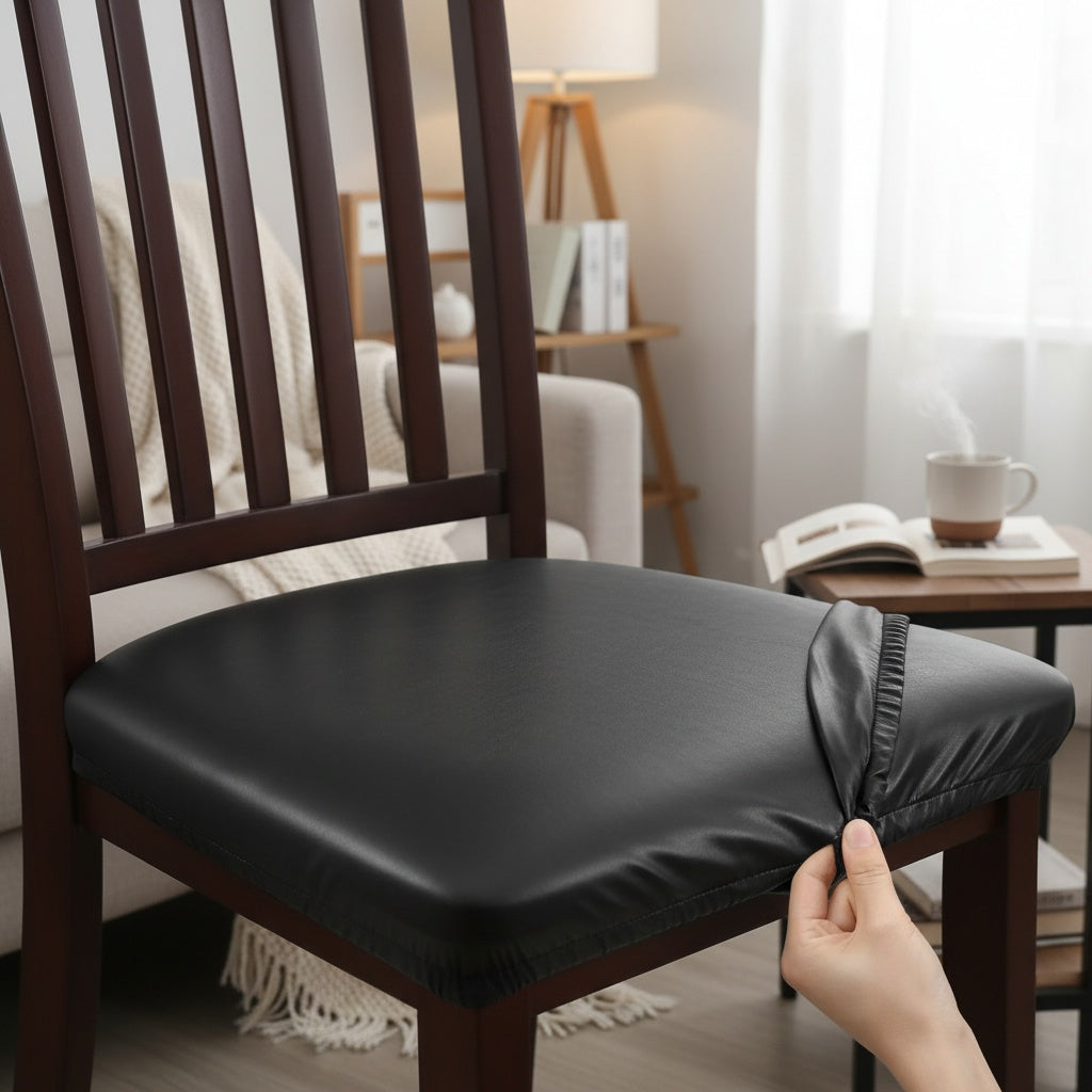 4/6pcs 100% Waterproof PU Fabric Dining Chair Slipcovers, Removable Upholstered Chair Cushion Cover for Dining Room, Hotel, Kitchen, And Home Decor, Fits A Variety Of Seat Styles, Halloween Home Decorations, Black Seat Cushion