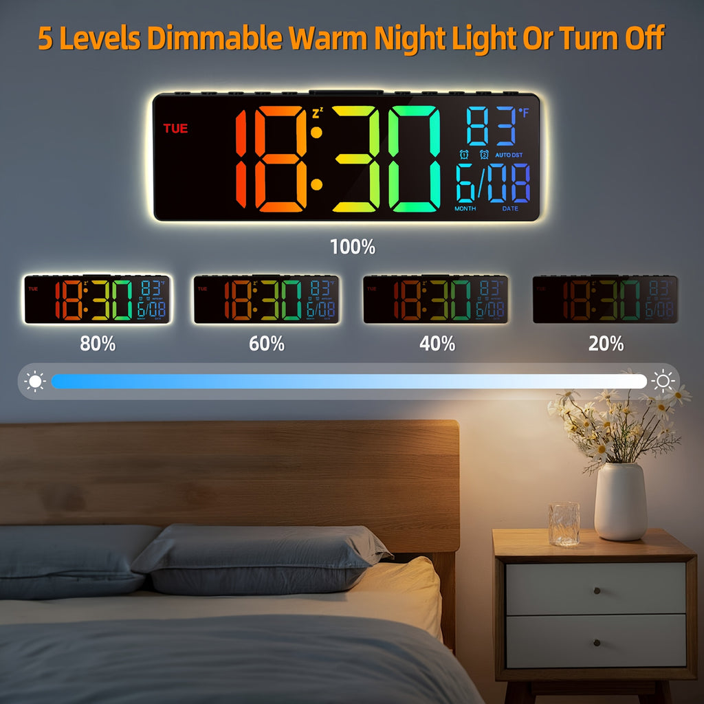 10.5 Inch Large Digital Wall Clock with Dual Alarms, Night Light, Large LED Screen Display, 8 RGB Colors, Auto DST, Temperature, Brightness Adjustment for Living Room, Bedroom, Kitchen Elderly Gift