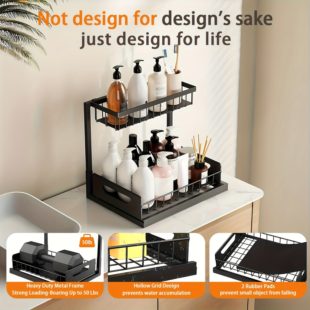 2-story Kitchen Sink Storage Containers, Push-pull Cabinet Organizer, Kitchen and Bathroom Organizers and Storage, Study, Tabletop, Metal Sliding Drawers, Practical and Convenient Kitchen Accessories Essentials, Kitchen Organizers and Storage