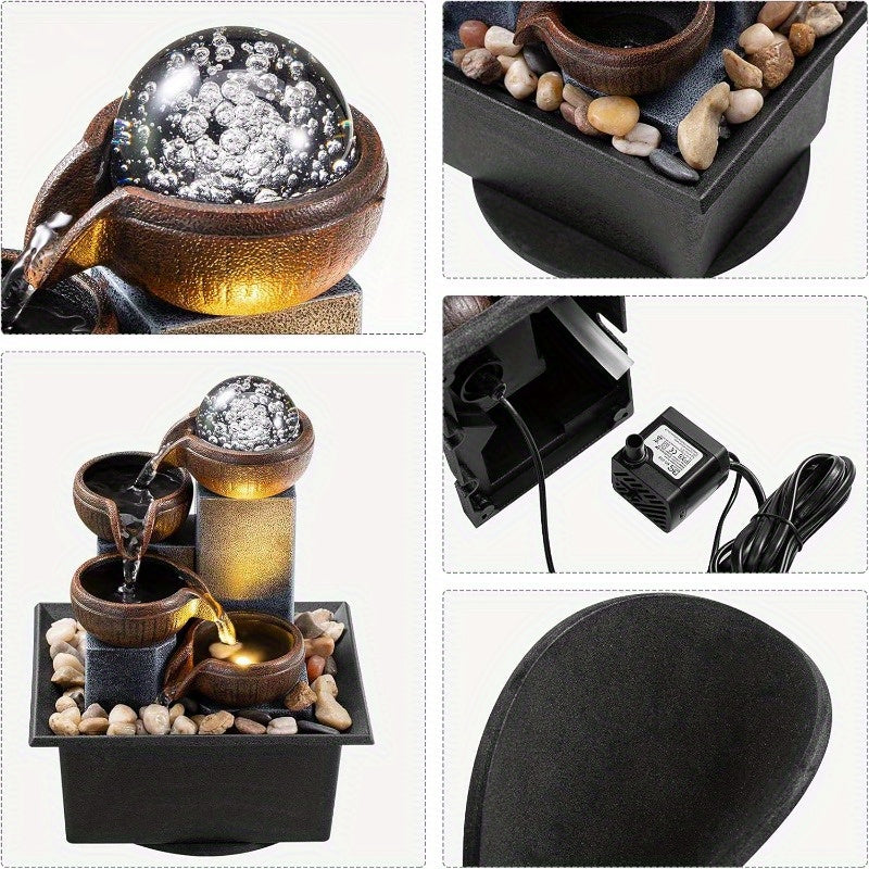 New Desktop Fountain, 4-Level Desktop Waterfall, Meditation Fountain, Indoor Fountain, Office And Home Relaxation, Desktop Fountain Pool, LED Lights, Fixed Decorative Bubble Balls (With Natural River Stone Decoration Included)