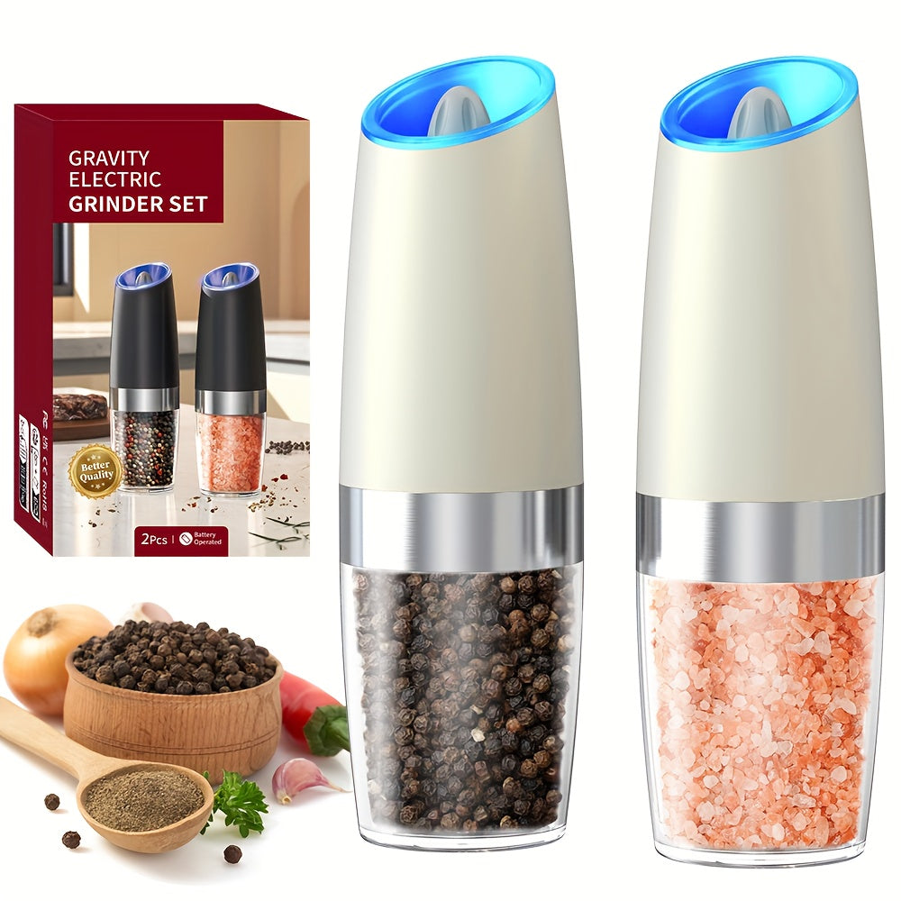 1pc/2pcs Electric Salt and Pepper Mill with Tilt Grinding, Pepper Grinder Suitable, Large Capacity ABS Mills, Adjustable Coarseness, One-Hand Operation & LED Light, Holiday Gifts for, Christmas