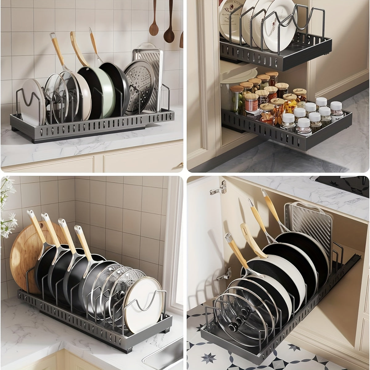 1/2pcs Pull-Out Pot And Pan Storage Box For Cabinets, Kitchen Sliding Lid Rack And Pan Holder, Cabinet Sliding Storage Box For Storing Lids, Baking Tools, And Plates, 8/16 Adjustable Dividers, Kitchen Decor And Accessories.