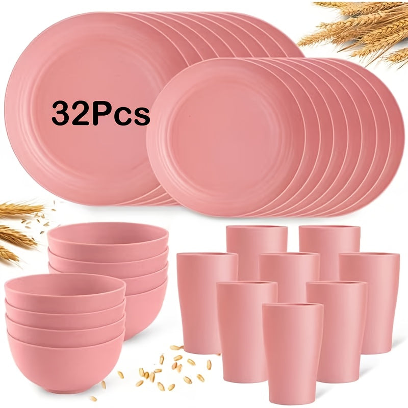 Brczuo16/32pcs Securely Fixed Non Fragile Plates, Wheat Straw Tableware Set, Microwave Dishwasher Safe, Durable Tableware, Black Set Includes 16 Plates, 8 Bowls, 8 Cups, Suitable For Family Gatherings, Birthday Parties, Camping