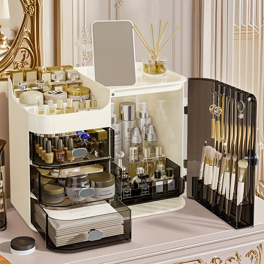 Makeup Organizer Cabinet with 3 Drawers, Top Storage and Transparent Side Door for Cosmetics, Skincare and Bathroom Vanity Organization in Black or Cream White