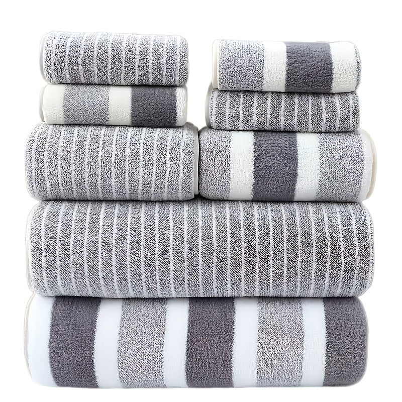 8pcs Set, No Hair Loss, Super Absorbent, Super Soft Two-Color Striped Interval Bath Towel Combination, Including 2 Large Bath Towels, 2 Large Face Towels, 4 Hand Towels