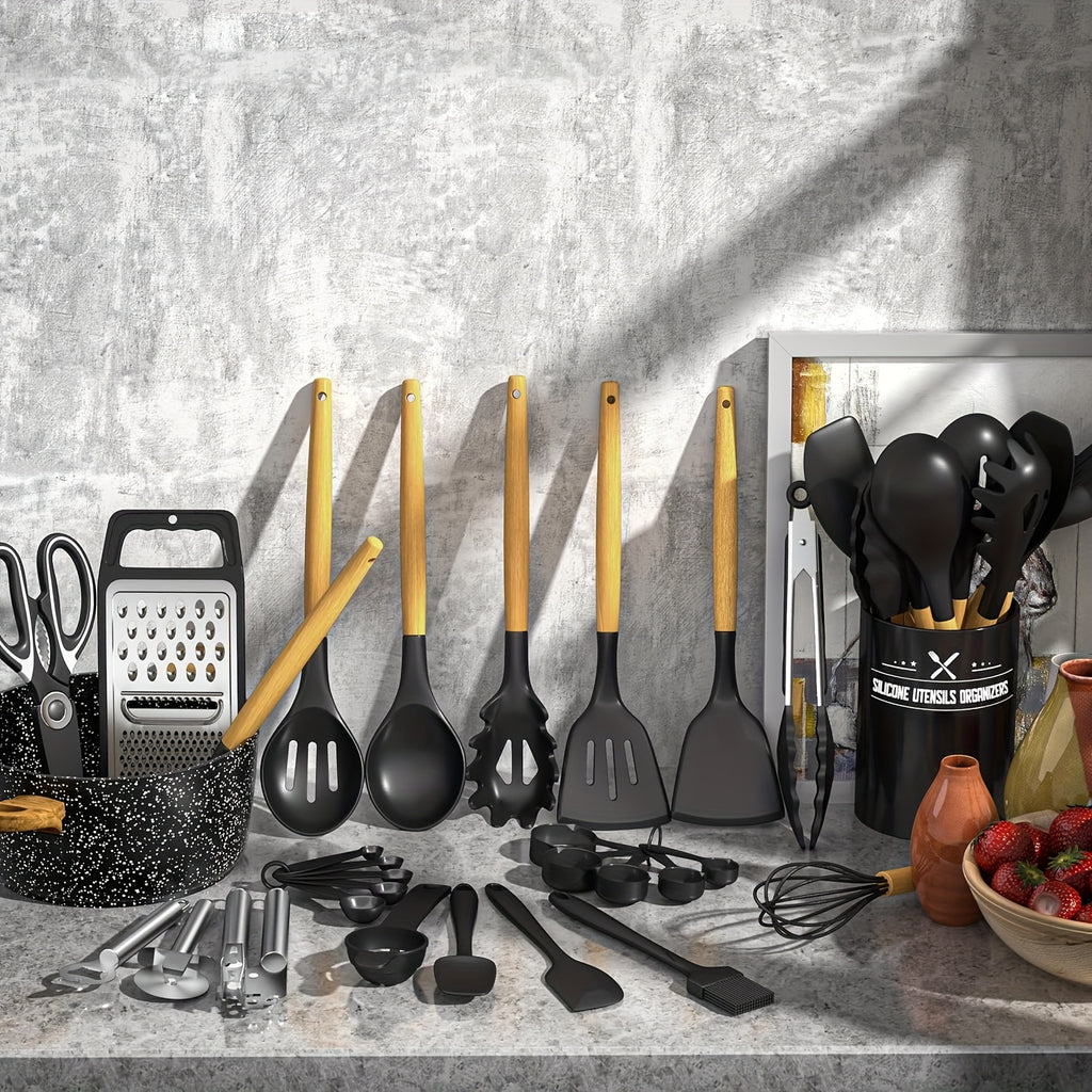 Kitchen Utensils Set- 34pcs Silicone Cooking Utensils with Holder, Heat Resistant Kitchen Utensil Spatula Set for Nonstick Cookware, Black Wooden Handles Kitchen Gadgets Tools Set Father Gift