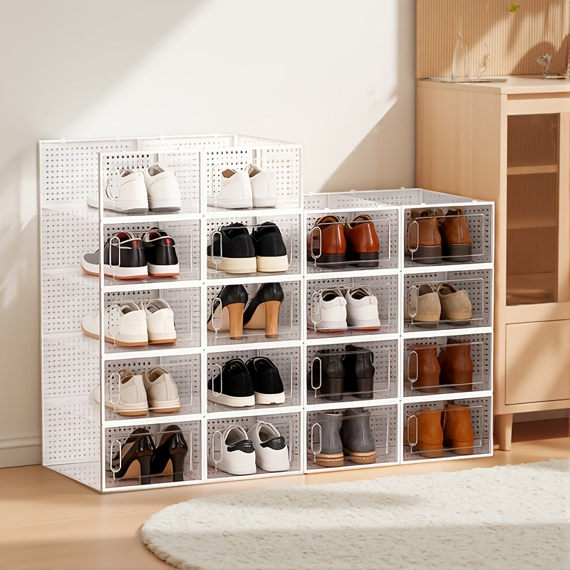 Modular Shoe Boxes with Lids, Transparent Foldable Stackable Plastic Sneaker Containers in Black or White with 6 12 or 24 Piece Options for Home and Dorm Storage