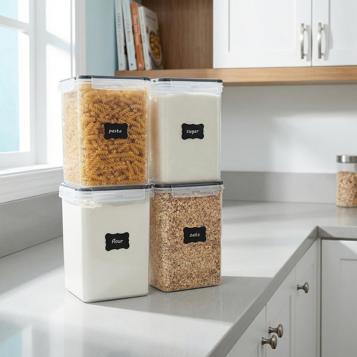 4-Pack Sealed Jars, Large Food Storage Containers, Plastic Airtight Canisters for Flour, Sugar, Baking Supplies, Pasta, Rice with Lids, 4 Measuring Cups And 24 Labels, Black