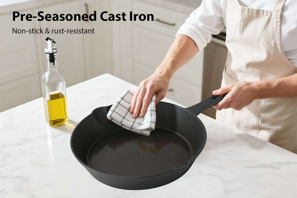 3/4/5pcs Cast Iron Skillet Set, Professional-Grade Commercial Quality Pre-Seasoned Cookware, Suitable for Frying, Sautéing, and Cooking, Usable Indoors/Outdoors, in Ovens, and on Grills