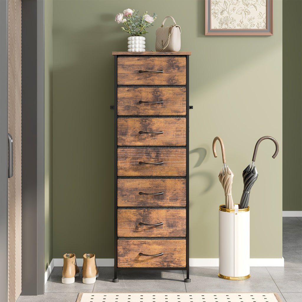 Tall Fabric Drawer Dresser, 6 or 7 Drawer Vertical Storage Organizer in Black, Brown, White or Gray for Bedroom Clothes, Closets and Entryways