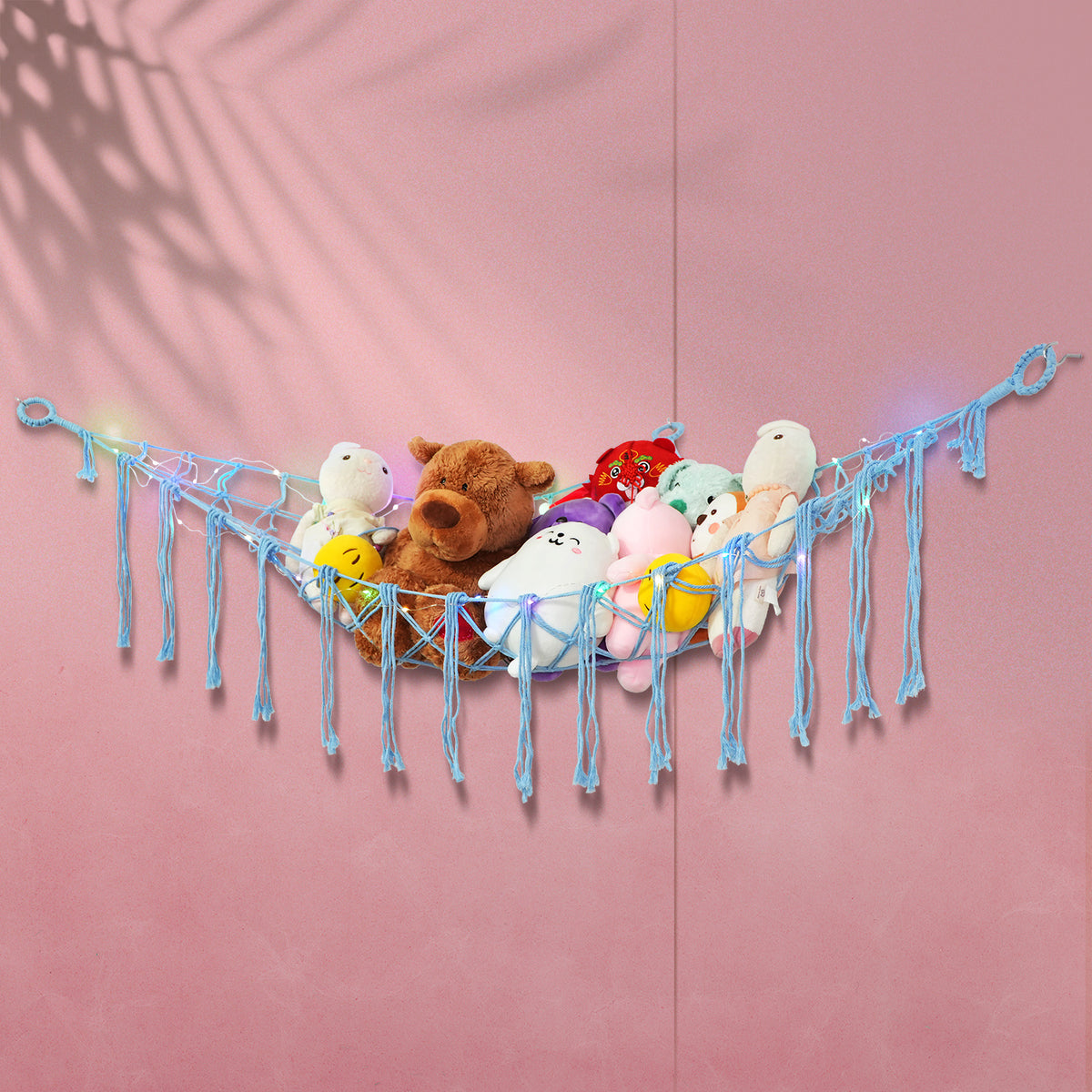 Stuffed Animal Storage Hammock with Lights, Polyester Corner Hanging Plush Toy Net with 3 Hooks in Pink, Blue, White or Black for Bedroom Organization