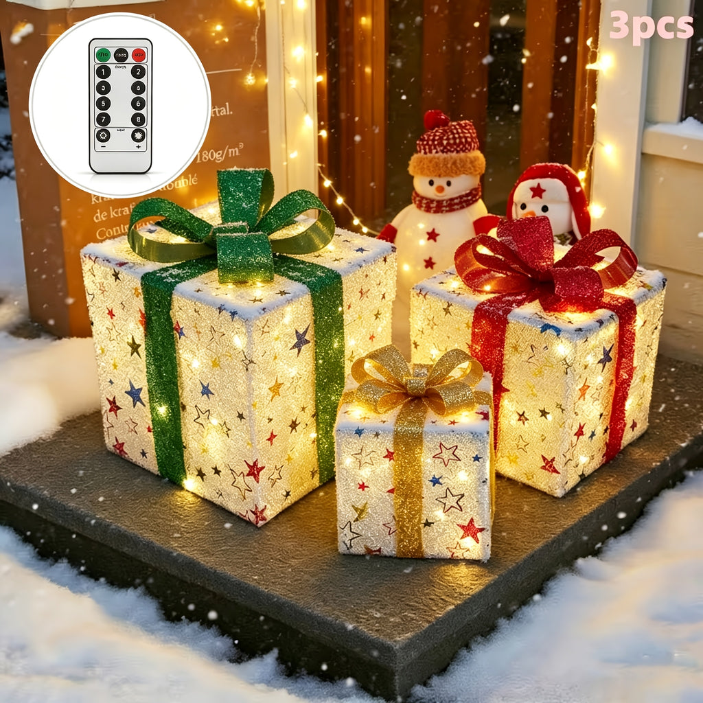 3-Pack 75-LED Christmas Gift Box Light Set - Warm Light Holiday Decoration, Indoor And Outdoor Use, IP66, with Remote Control And Timer, 8 Modes Flashing Gift Boxes, Home Ornament; Christmas Decoration, Outdoor Christmas Lights
