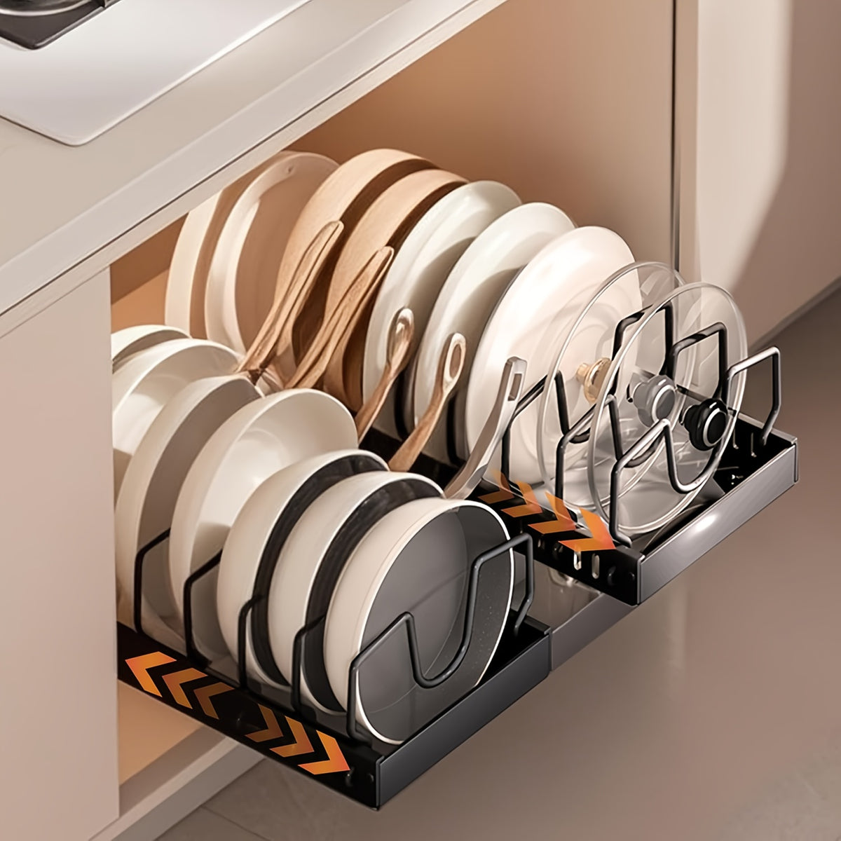 1/2pcs Pull-Out Pot And Pan Storage Box For Cabinets, Kitchen Sliding Lid Rack And Pan Holder, Cabinet Sliding Storage Box For Storing Lids, Baking Tools, And Plates, 8/16 Adjustable Dividers, Kitchen Decor And Accessories.