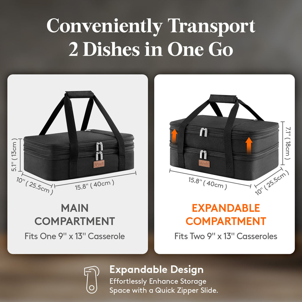 Expandable Insulated Casserole Carrier Suitable for Hot/Cold Food - Double Decker Tote with Rectangular PET Thermal Bag, Fits 9"x13" Baking Dish for Lasagna, Potlucks, Picnic, Christmas & Valentine's Gift for Cookouts, Parties