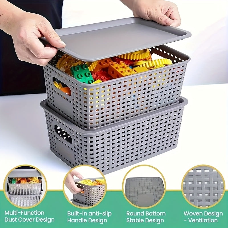 8pcs Plastic Storage Basket Set with Lids, Elegant And Spacious - Suitable for Desktop Organization, Document Storage, Storage, Home Organization - Multi-Functional Shelf Baskets
