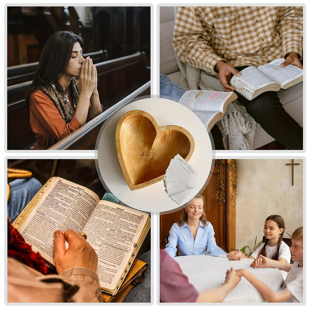 Easter Retro Wooden Heart Prayer Bowl And 30 Prayer Card Set, Handcrafted Decorative Bowl, Wooden Heart-Shaped Prayer Bowl with Carved Cross And "Prayer Text" -Perfect Home Decor, Kitchen Food Rack