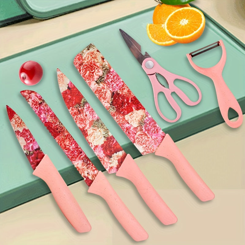 6pcs Jasmine Flower Pattern Kitchen Knife Set Colorful Printing, High Carbon Stainless Steel Blades, Ergonomic Handles, Sharp Meat Cleaver, Serrated Bread Knife, Precise Scissors, Peeler - Perfect Cooking Gifts for Women And Men, Kitchen Essentials