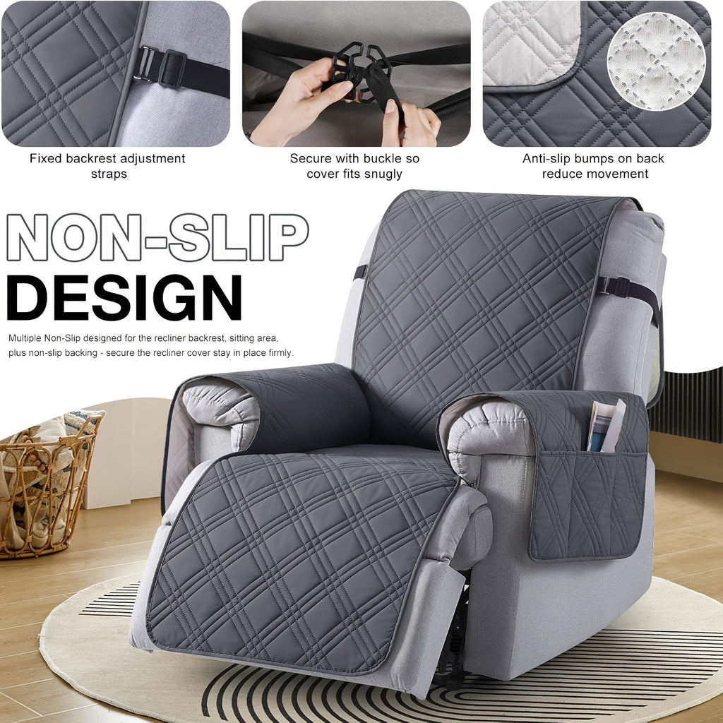 Recliner Protector Cover with Side Pocket, One-Piece Quilted Chair Cover with Elastic Band for Pet Households and Everyday Living Room Furniture Care
