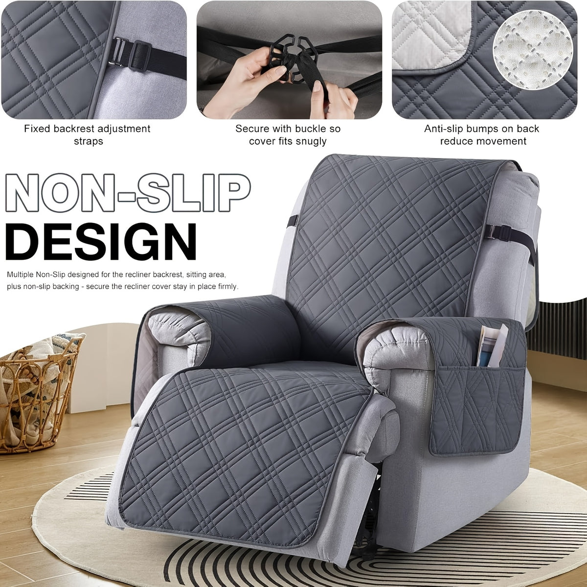 Recliner Protector Cover with Side Pocket, One-Piece Quilted Chair Cover with Elastic Band for Pet Households and Everyday Living Room Furniture Care