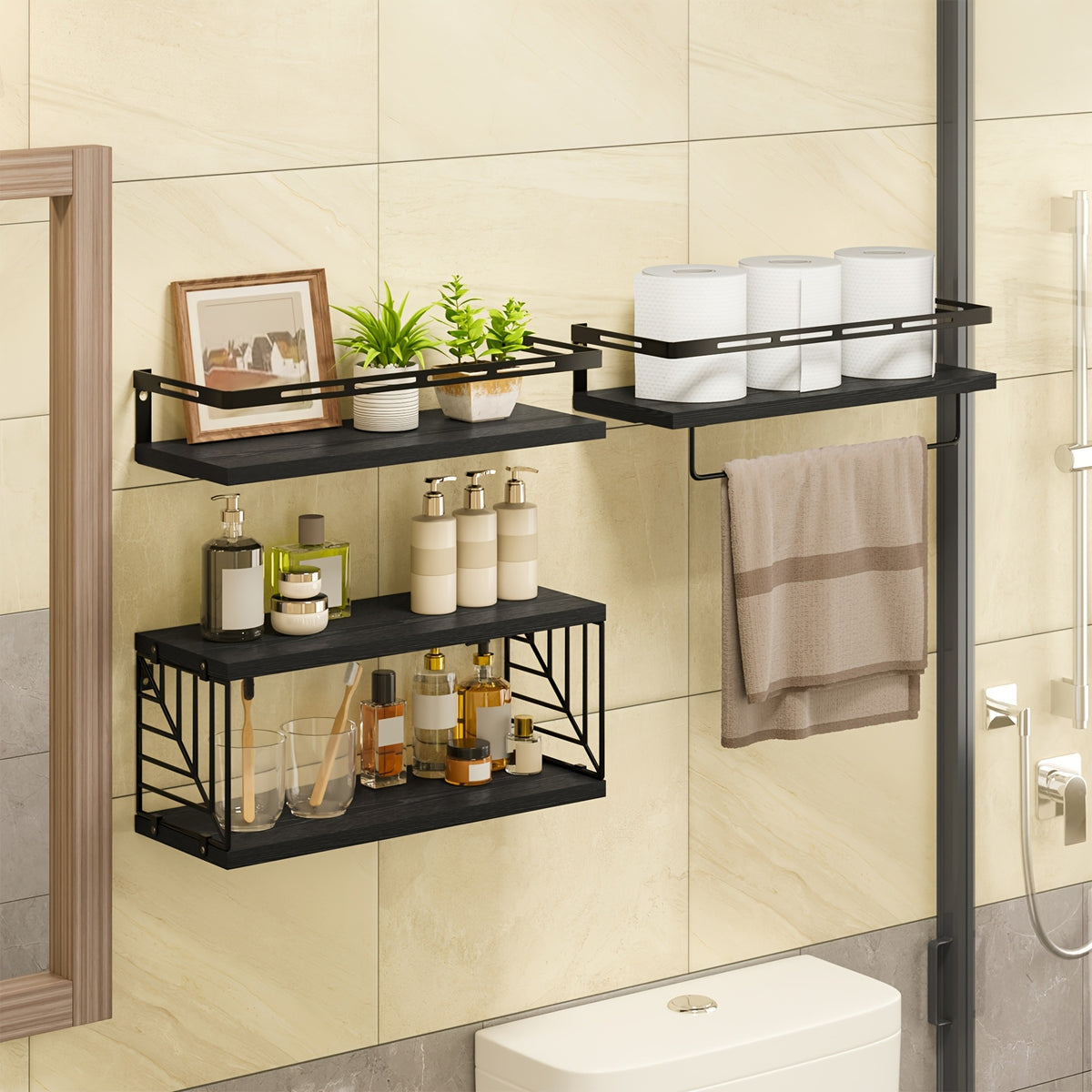 TOMNK 3/4pcs Wall Mounted Floating Storage Rack, Rustic Wood Wall Shelf with Guardrail, Multifunctional Display Unit for Bedroom, Living Room, Bathroom And Kitchen