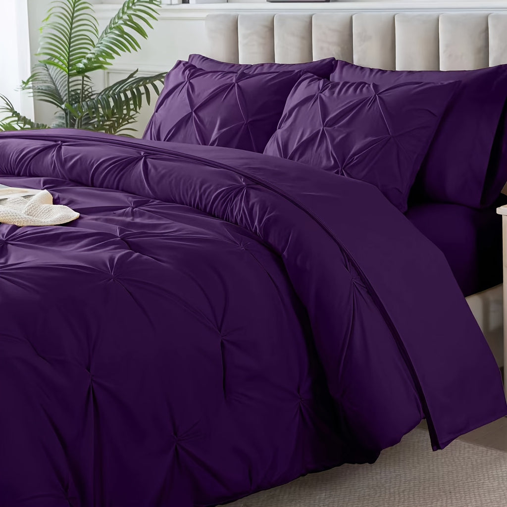 Cosybay 7 Piece Pinch Pleated Comforter Set Queen King Size, Luxury Soft Fluffy Bedding Includes 1 Comforter, 1 Extra Deep Pocket Fitted Sheet, 1 Flat Sheet, 4 Pillowcases & Pillow Covers, Perfect for Halloween Party, Holiday Celebrations & Birthday