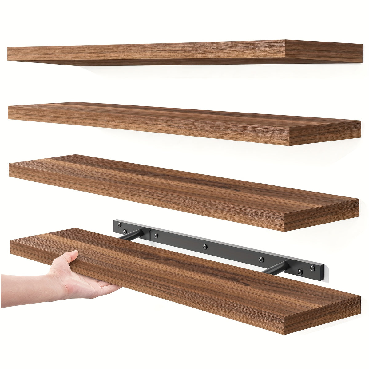 TOMNK Floating Shelves, 4pcs, 56cm/22in, Wall Shelves For Bathroom/Living Room/Bedroom/Kitchen Decor, Shelves With Invisible Brackets Set (Walnut/Light Brown/White/White Oak/Black)