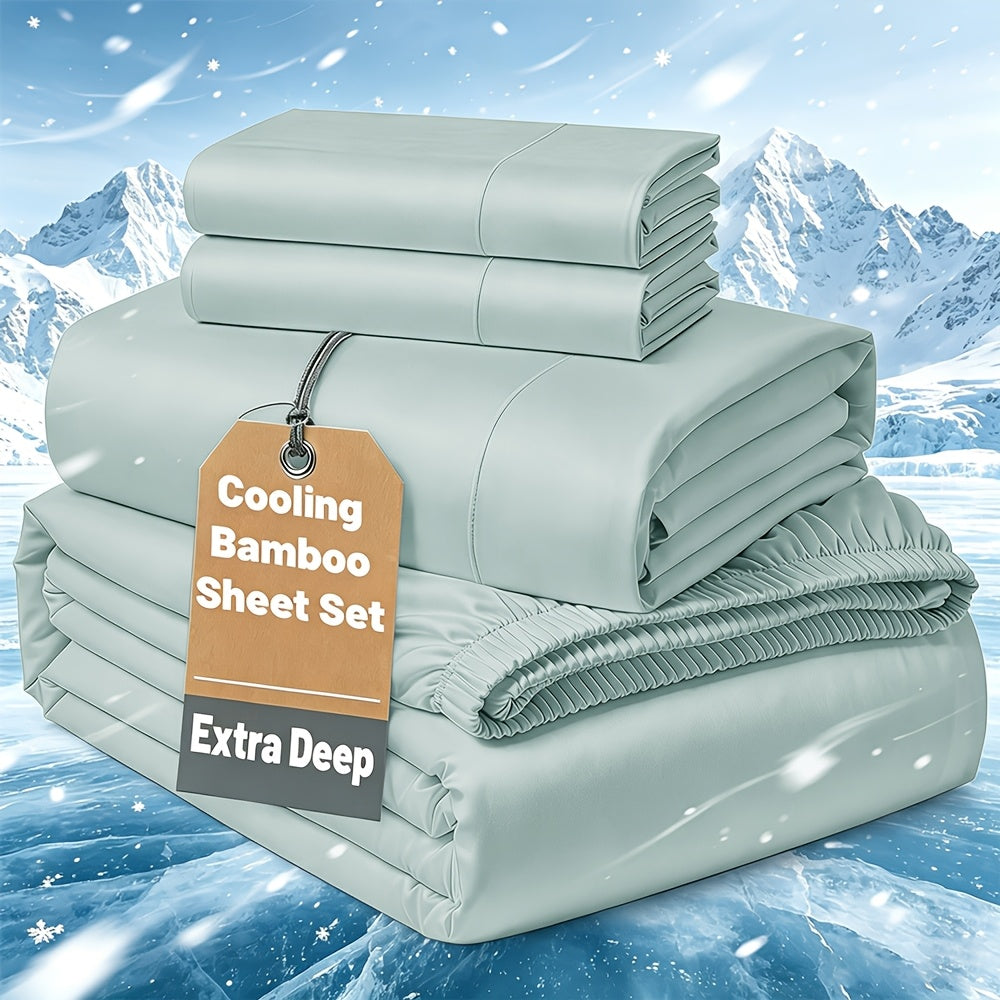 Cooling Bamboo Bedding Set with Flat Sheet, Deep Pocket Fitted Sheet and Pillowcases, Soft Breathable Sheets in 13 Colors for Twin Full Queen King