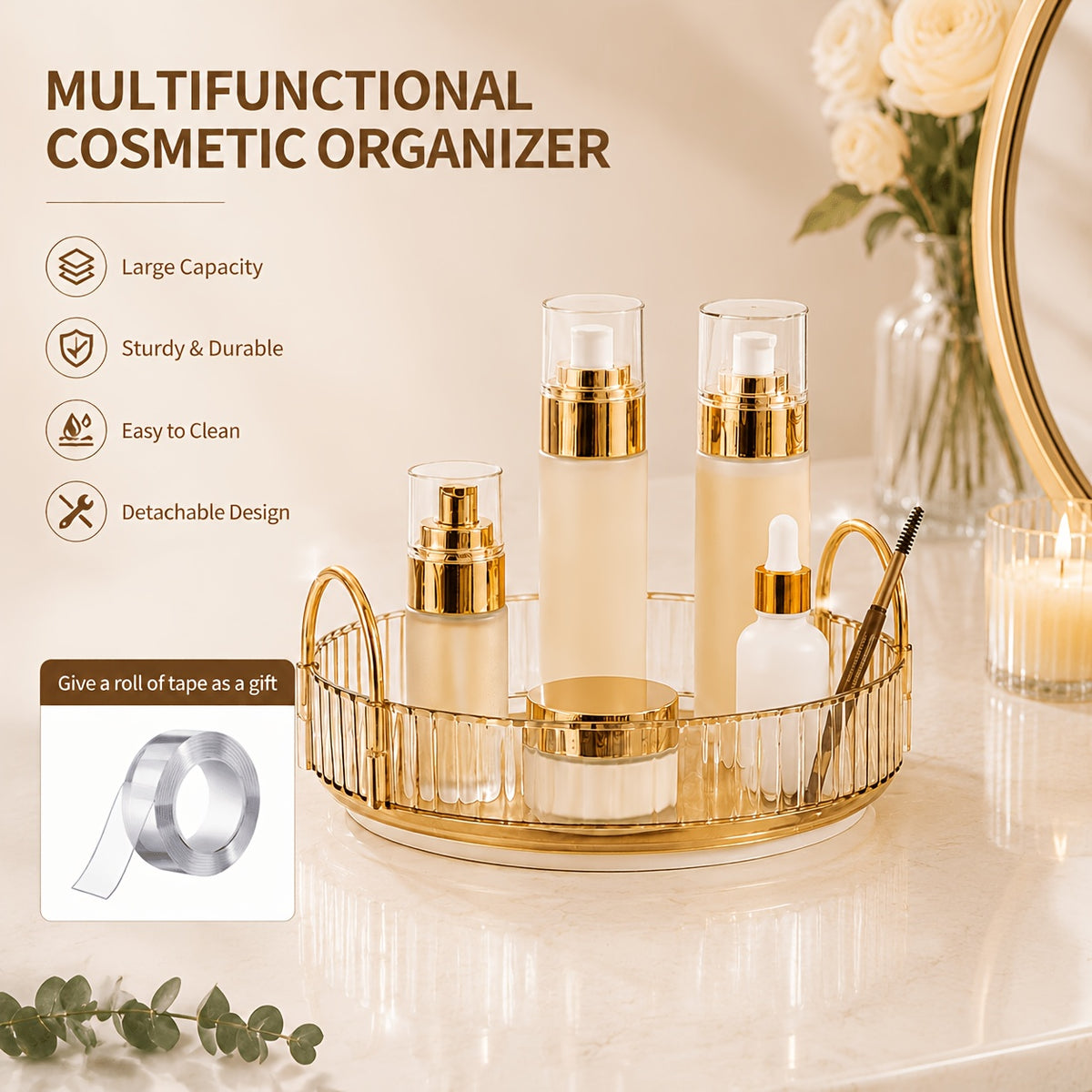 Rotating Cosmetic Storage Rack, A 360-Degree Rotating Cosmetic Storage Multi-Functional Brush, Lipstick, Skin Care Products And Stationery Storage Box - Durable, Odorless, Luxurious Striped Design Desktop Storage Box, Giving Tape As a Gift