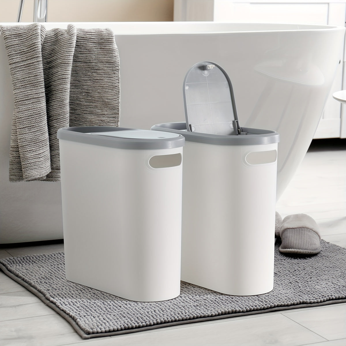 2/1pc Bathroom Trash Can, Compact And Durable Plastic Wastebasket With Built-in Handles, Easy To Clean, Rustproof, Space-Saving Design, Ideal For Small Spaces In Bathroom, Laundry, And Home Office