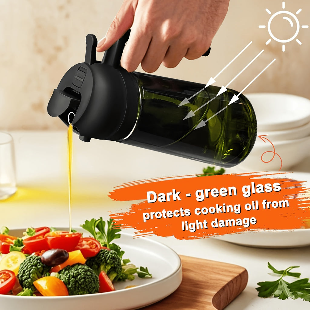 Set of 2 Glass Bottles for Olive Oil, Featuring a Dual Function for Drizzling And Spraying. The Dark Green Glass Helps to Keep The Oil Fresh by Blocking Out Light. Each Bottle Holds 16Oz/480Ml