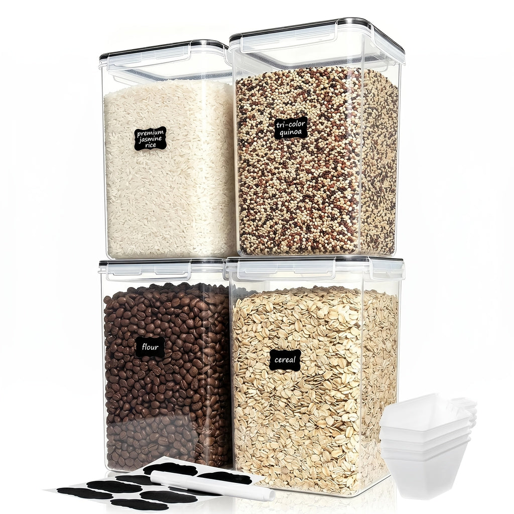 4pcs Large Food Storage Containers, BPA Free Plastic Airtight Canisters for Flour, Sugar, Baking Supplies, Rice with Lids, Black
