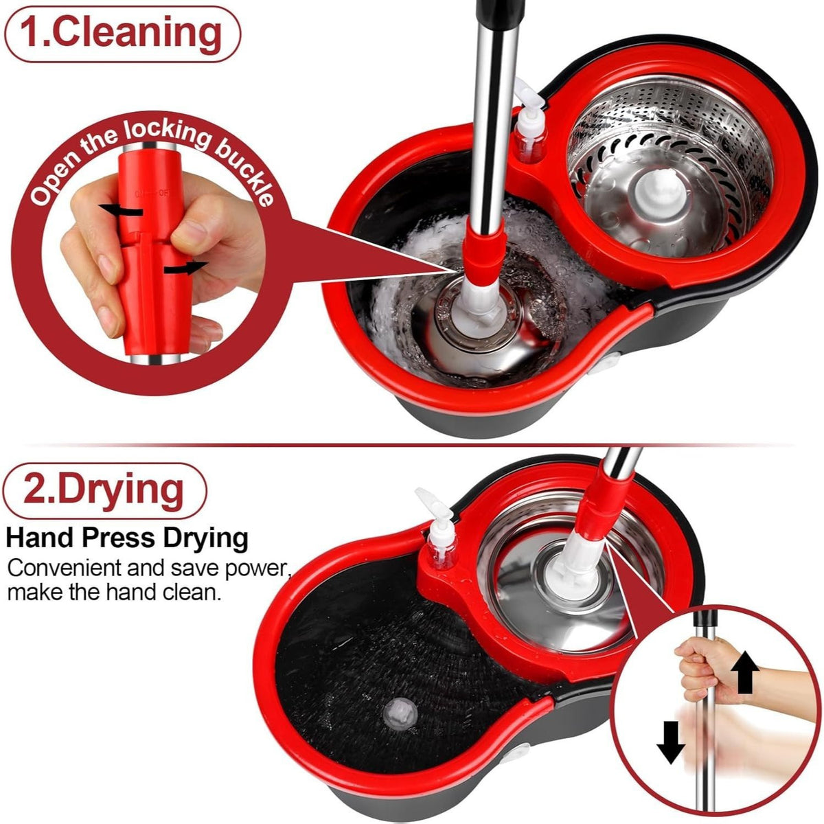 Spin Mop and Bucket with Wringer Set, 360° Spinning Mop Bucket System with 4 Microfiber Mop Replacement Heads and Stainless Steel Adjustable Handle for Floor Cleaning