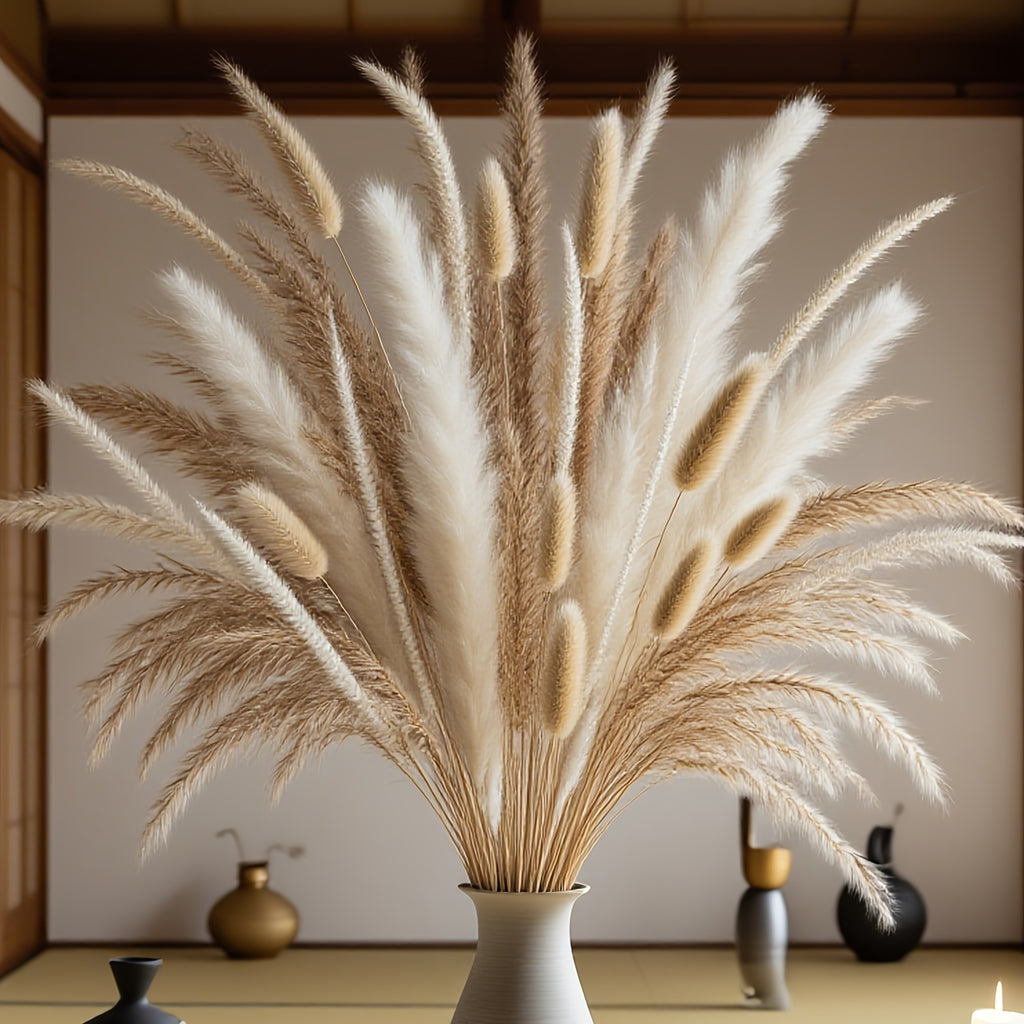 [Rustic Modern] 130pcs Pampas Grass Bouquet | Dried Flower Decor with Rye Grass for Wedding Welcome Sign Accents And Home Kitchen Island Decor
